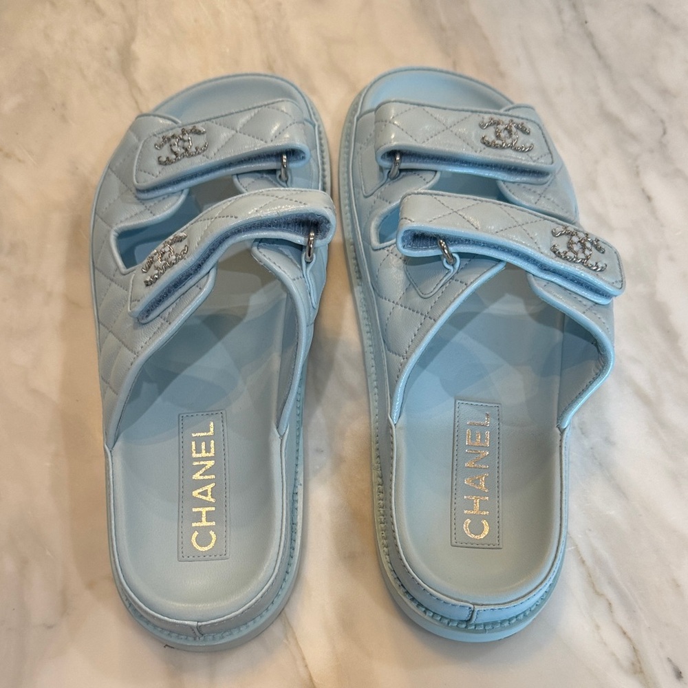 CHANEL Light Blue Quilted Sandals
